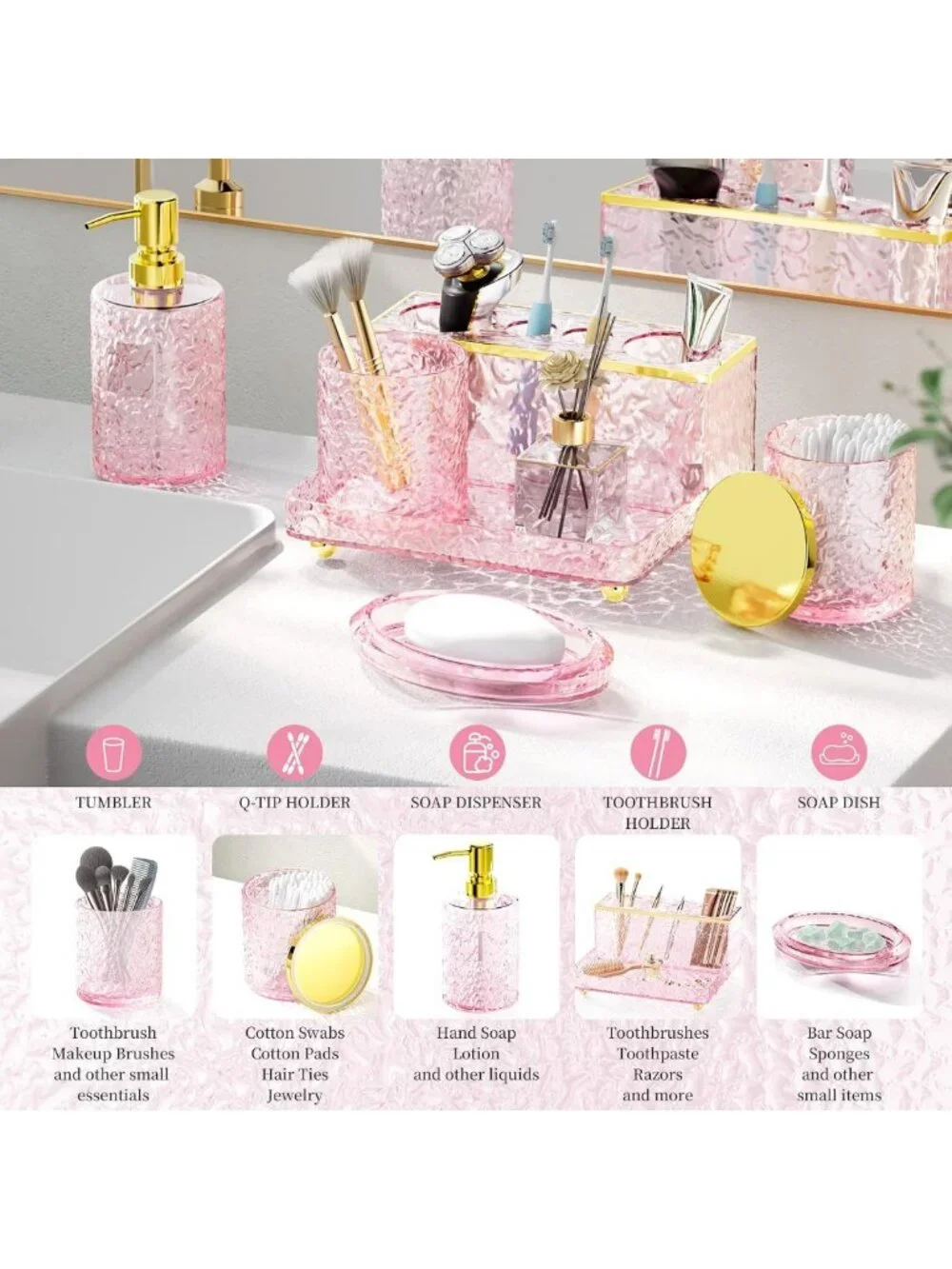 Chic Pink Bathroom Accessories Set, 5-Piece Glass & Acrylic Decor for Sink